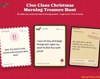 May include: A set of three Clue Claus Christmas Morning Treasure Hunt cards on a red background. The cards feature riddle text, icons, and labels for different age levels including Little Elves, Big Kids, and Teen Detective with a Top Secret stamp.