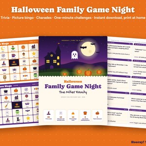 Halloween Family Game Night Printable, Halloween Trivia Cards, Picture Bingo, Charades, One Minute Games, Kids and Adults Party Games