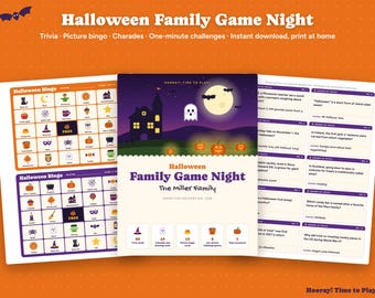 Halloween Family Game Night Printable, Halloween Trivia Cards, Picture Bingo, Charades, One Minute Games, Kids and Adults Party Games