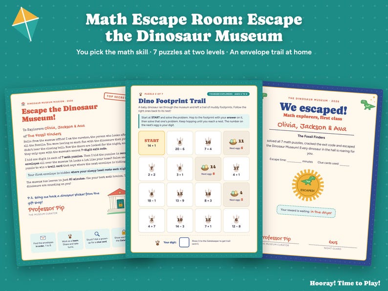Math Escape Room for Kids with Phone Lock, Printable Dinosaur Math Game, Times Tables, Fractions, Personalized Family Game, Ages 6-12 image 3