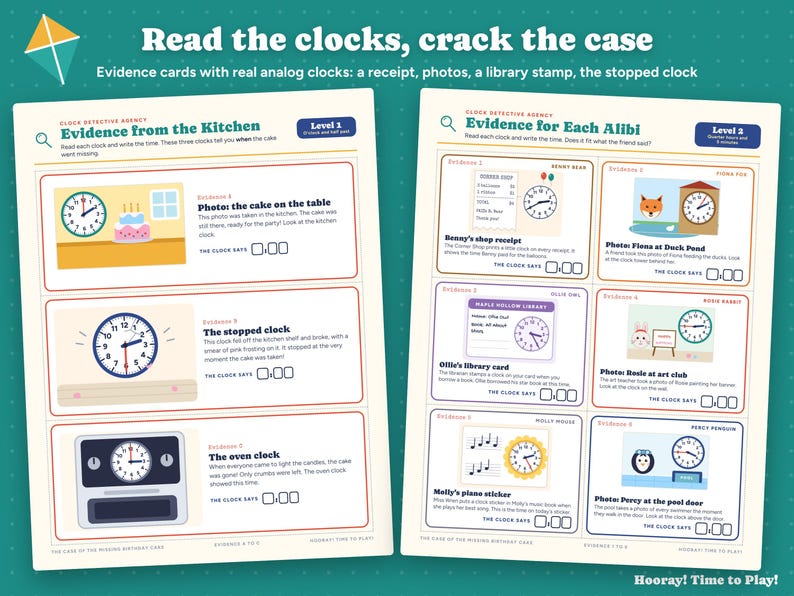 Telling Time Game for Kids, Clock Detective Mystery, Printable Analog Clock Activity, Personalized Birthday Mystery, Ages 6-8 Homeschool image 3