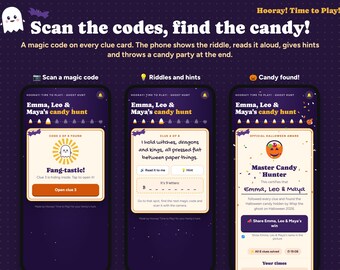 以下が含まれることがあります： 「Hooray! Time to Play!」というハロウィーンの宝探しゲームのデジタルインターフェース。3台のスマートフォン画面に、ゲームの進行状況、謎解きのヒント、エマ、レオ、マヤのための「Master Candy Hunter」認定証が表示されています。