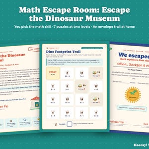 Math Escape Room for Kids, Printable Dinosaur Math Game, Addition, Times Tables, Fractions, Personalized Family Game, Ages 6-12, Digital Bild 1