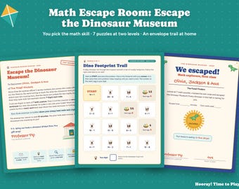May include: A printable math escape room game titled Escape the Dinosaur Museum, featuring three pages with instructions, a Dino Footprint Trail puzzle grid with subtraction and addition problems, and a We escaped! certificate.