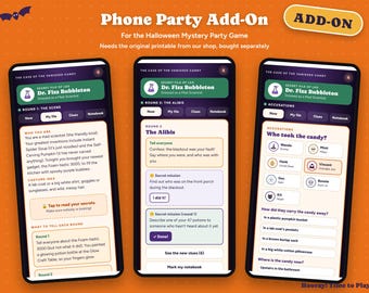 May include: Three smartphone screens displaying a Halloween mystery party game add-on titled Phone Party Add-On. The interfaces show character profiles for Dr. Fizz Bubbleton, round scene details, alibis, secret missions, and accusation menus.