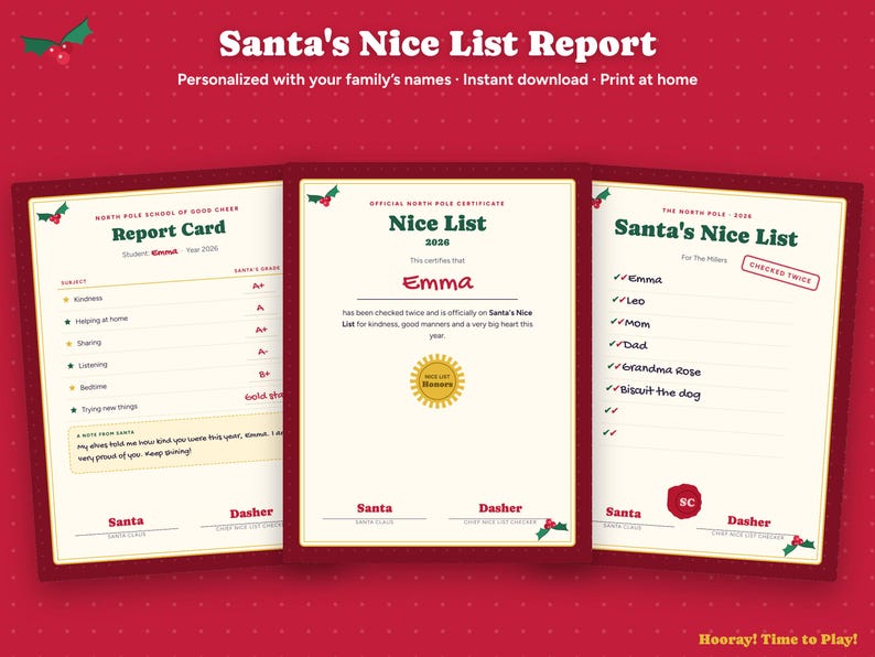 Santa Nice List Certificate, Personalized Report Card From Santa, Kids Christmas Eve Box Printable, Editable Nice List, Instant Download image 1