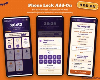 May include: Three smartphone screens displaying a Halloween escape room game interface with purple and cream color schemes. The screens show countdown timers, lock icons, math puzzles, and a leaderboard with text including Phone Lock Add-On and We escaped.
