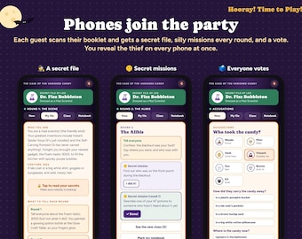 May include: Three smartphone screens display a digital mystery game titled The Case of the Vanished Candy. The interfaces show character profiles, secret missions, and voting options with text in English against a dark purple background.