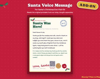 May include: A printable letter titled Santa Was Here on a red background with white dots. The letter features text addressed to Emma and Leo, a North Pole postmark, a QR code, a cookie illustration, and a red wax seal with the letters SC.