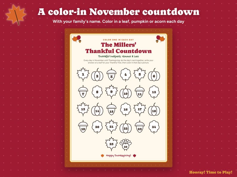 Thankful Tree Thanksgiving Countdown, Personalized Gratitude Cards for Kids, Printable Thankful Leaves, Family November Tradition Activity image 3
