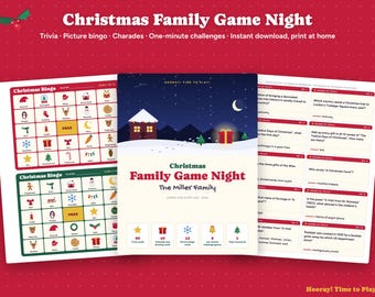 May include: A Christmas Family Game Night printable set featuring trivia cards, picture bingo cards, charades, and one-minute challenges. The central cover displays a snowy house scene with the text Christmas Family Game Night.