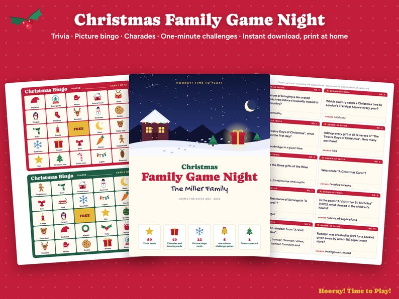 Christmas Family Game Night Printable, Christmas Trivia Cards, Picture Bingo, Charades, One Minute Games, Kids and Adults Party Games image 1