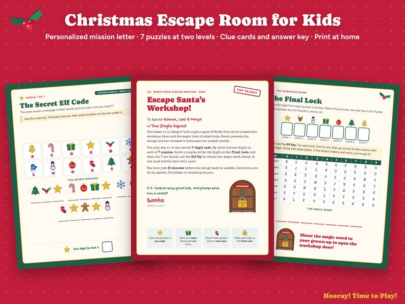 Christmas Escape Room for Kids with Phone Lock, Printable Family Game, Santa Workshop Puzzles, Personalized Kids Activity, Instant Download zdjęcie 3