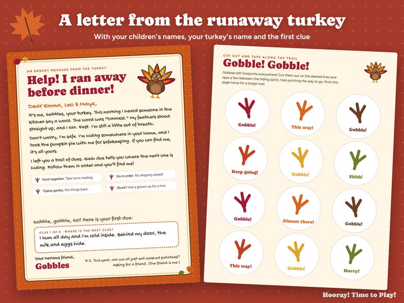 Thanksgiving Scavenger Hunt for Kids, Personalized Turkey Hunt, Runaway Turkey Riddle Clues, Printable Thanksgiving Game, Instant Download 画像 3