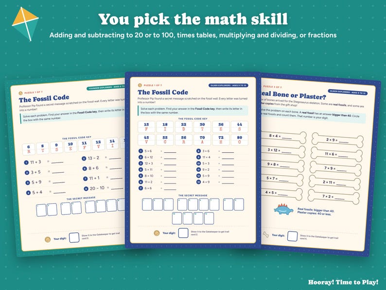 Math Escape Room for Kids, Printable Dinosaur Math Game, Addition, Times Tables, Fractions, Personalized Family Game, Ages 6-12, Digital Bild 4