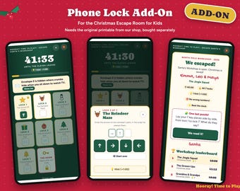 May include: Three smartphone screens displaying a digital Christmas escape room game. The interface features a countdown timer, a grid of seven numbered locks, and a pop-up window titled The Reindeer Maze with directional arrow buttons.