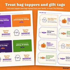 May include: A printable sheet of Halloween treat bag toppers and gift tags featuring ghosts, pumpkins, bats, and candy graphics. The text includes phrases like Happy Halloween, You've been BOOED, and Trick or Treat, with space for signatures.