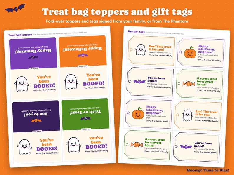 May include: A printable sheet of Halloween treat bag toppers and gift tags featuring ghosts, pumpkins, bats, and candy graphics. The text includes phrases like Happy Halloween, You've been BOOED, and Trick or Treat, with space for signatures.