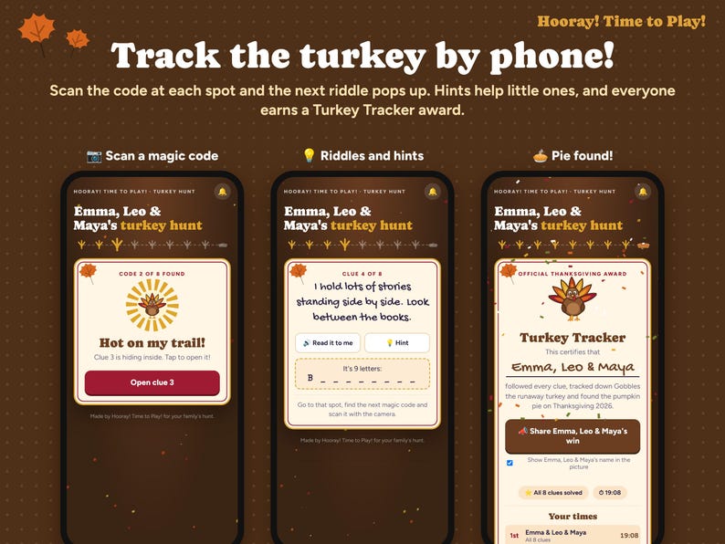 Thanksgiving Scavenger Hunt for Kids with Phone Hunt, QR Code Turkey Hunt, Personalized Riddle Clues, Printable Game, Instant Download image 1