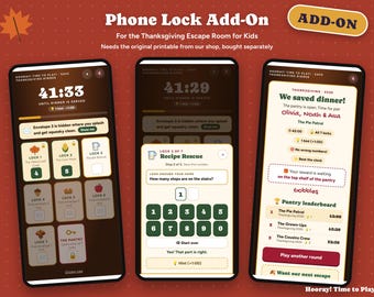 May include: Three smartphone screens displaying a digital Thanksgiving escape room game. The interface features countdown timers, lock icons labeled 1 through 7, a numeric keypad for inputting codes, and a leaderboard screen showing game results.