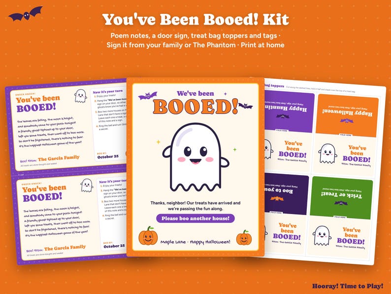 May include: A printable You've Been Booed kit featuring a central sign with a ghost illustration, poem notes, and treat bag toppers. The design uses orange, purple, and green colors with text including You've Been Booed and Please boo another house.