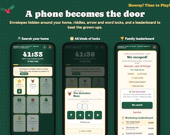 May include: A digital game interface titled Hooray! Time to Play! featuring three smartphone screens on a dark green background. The screens display escape room tasks, including a countdown timer, lock puzzles with arrow icons, and a family leaderboard.