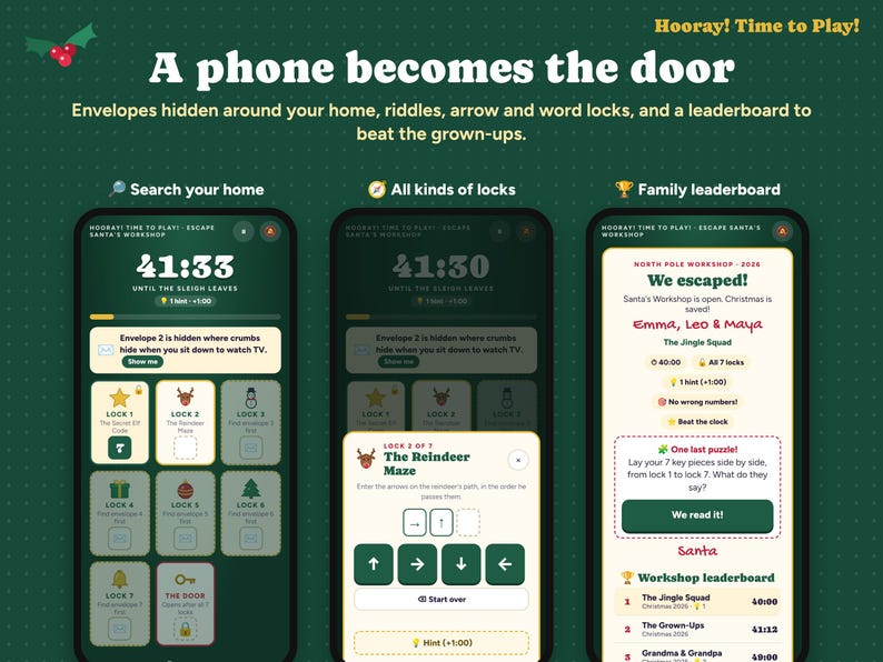 Christmas Escape Room for Kids with Phone Lock, Printable Family Game, Santa Workshop Puzzles, Personalized Kids Activity, Instant Download zdjęcie 1