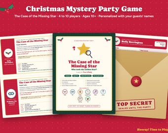 May include: A Christmas mystery party game kit titled The Case of the Missing Star. The set includes printed invitations, a central game guide, secret character booklets, and a tan envelope with a red wax seal labeled Top Secret.