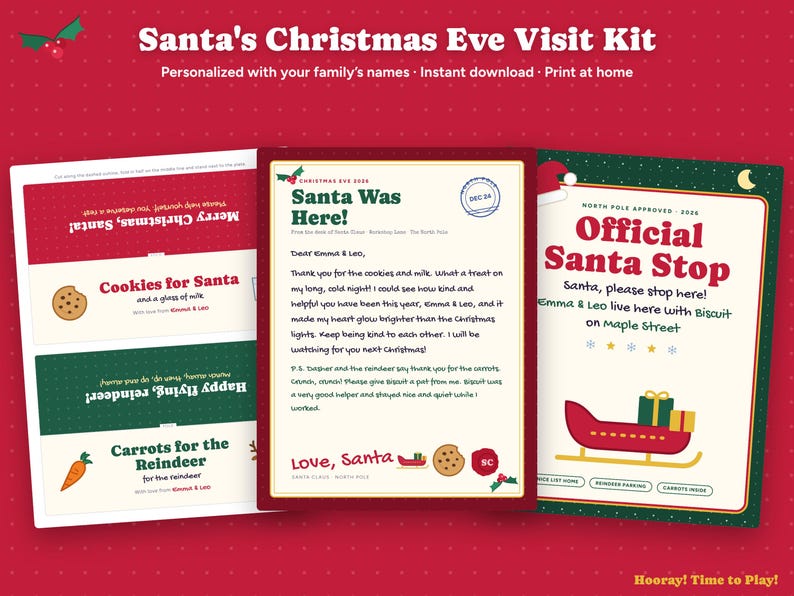 Santa Visit Kit Printable, Personalized Letter from Santa, Cookies for Santa Sign, Reindeer Food Labels, Magic Santa Key, Christmas Eve Box imagen 1