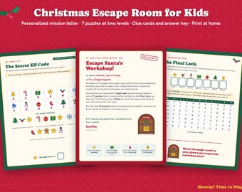 May include: A Christmas Escape Room for Kids printable game set featuring a mission letter, seven puzzles, clue cards, and an answer key. The pages include The Secret Elf Code, Escape Santa's Workshop mission briefing, and The Final Lock activity.