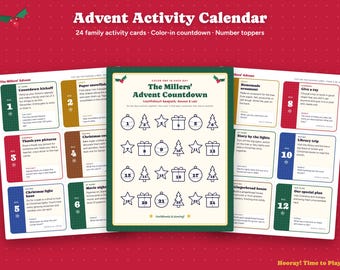May include: An Advent Activity Calendar set featuring 24 family activity cards, a color-in countdown sheet, and number toppers. The cards include daily tasks, fun facts, and riddles, while the central countdown sheet displays numbered ornaments.