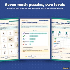 Math Escape Room for Kids, Printable Dinosaur Math Game, Addition, Times Tables, Fractions, Personalized Family Game, Ages 6-12, Digital Bild 3