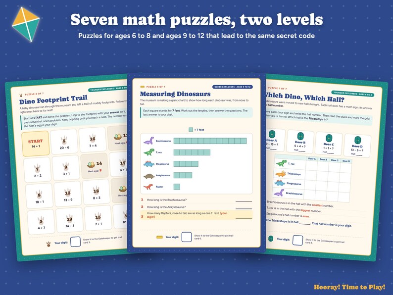 Math Escape Room for Kids, Printable Dinosaur Math Game, Addition, Times Tables, Fractions, Personalized Family Game, Ages 6-12, Digital Bild 3