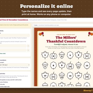 Thankful Tree Thanksgiving Countdown, Personalized Gratitude Cards for Kids, Printable Thankful Leaves, Family November Tradition Activity image 2