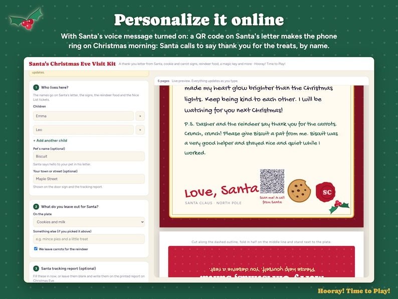 K&ouml;nnte beinhalten: Eine digitale Benutzeroberfl&auml;che f&uuml;r ein Weihnachtsmann-Besuchsset mit Eingabefeldern f&uuml;r Namen von Kindern, Haustieren und Adressen. Die Vorschau zeigt einen Brief vom Weihnachtsmann mit QR-Code, Keks-Grafik und rotem Wachssiegel.