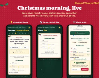 May include: Three smartphones display a digital Christmas treasure hunt game. The screens show clues, live progress tracking for players named Leo, Emma, and Maya, and a final leaderboard with finish times on a red background with white text.