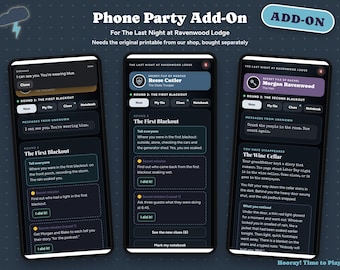 May include: Three smartphone screens displaying the Phone Party Add-On for The Last Night at Ravenwood Lodge game. The interfaces show dark mode text, round navigation tabs, secret mission prompts, and character files for Reese Cutler and Morgan Ravenwood.