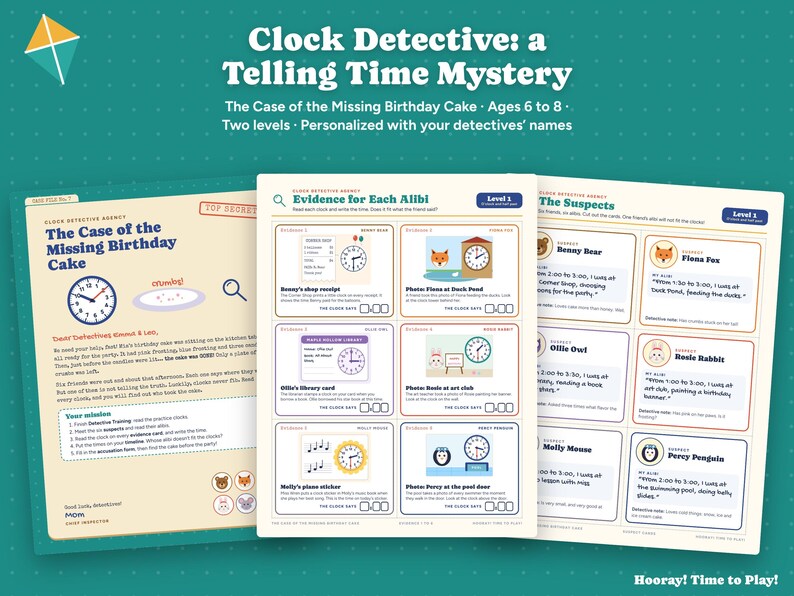 Telling Time Game for Kids, Clock Detective Mystery, Printable Analog Clock Activity, Personalized Birthday Mystery, Ages 6-8 Homeschool image 1