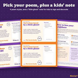 May include: A set of printable Halloween activity cards on a purple background. The cards feature text including 'You've been BOOED!', 'You've been booed by a little ghost!', and 'How to boo your neighbors', accompanied by ghost illustrations.