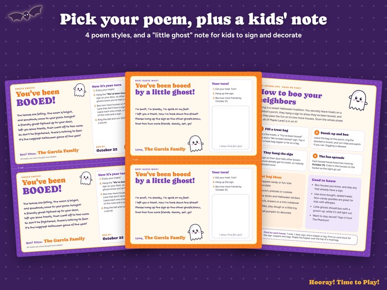 May include: A set of printable Halloween activity cards on a purple background. The cards feature text including 'You've been BOOED!', 'You've been booed by a little ghost!', and 'How to boo your neighbors', accompanied by ghost illustrations.