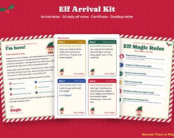 May include: An Elf Arrival Kit featuring an arrival letter, 24 daily elf notes, a certificate, and a goodbye letter. The documents include Elf Magic Rules, daily missions, and kindness challenges, all decorated with elf illustrations and text.