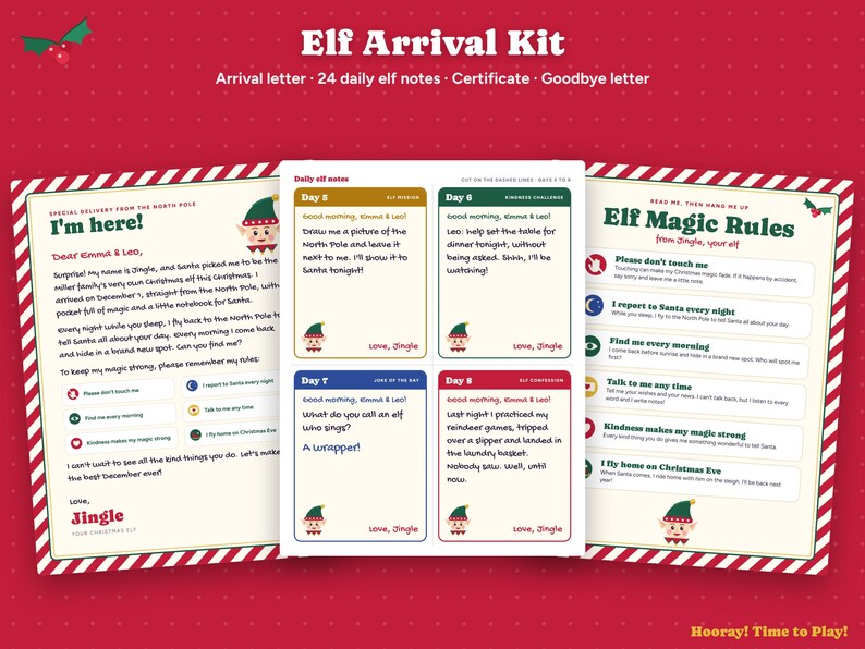 Personalized Elf Arrival Letter Kit, Elf Name Certificate, 24 Daily Elf Notes, Elf Goodbye Letter, Christmas Elf Printable, Instant Download image 1
