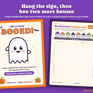 May include: A Halloween activity set featuring a We've been BOOED sign with a ghost illustration and a Booed houses on Maple Lane tracker sheet. The sign includes text about passing along treats, while the tracker lists houses to color in and record.