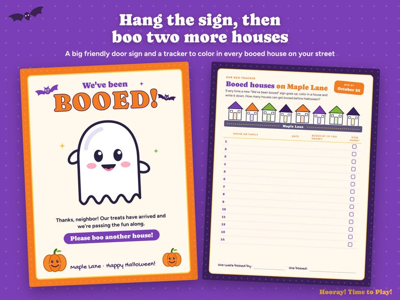 May include: A Halloween activity set featuring a We've been BOOED sign with a ghost illustration and a Booed houses on Maple Lane tracker sheet. The sign includes text about passing along treats, while the tracker lists houses to color in and record.