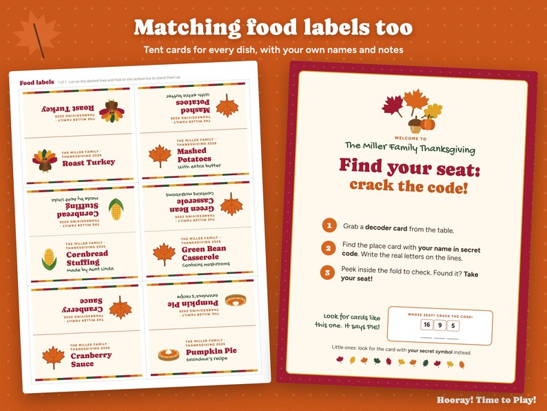 Thanksgiving Place Cards, Personalized Secret Code Name Cards, Printable Kids Table Game, Friendsgiving Decor, Food Labels, Instant Download Bild 5