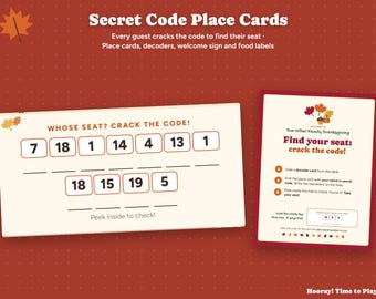 May include: Secret Code Place Cards set featuring a horizontal card with the text WHOSE SEAT? CRACK THE CODE! and a vertical instruction card titled Find your seat: crack the code! with autumn leaf graphics on a dark red background.