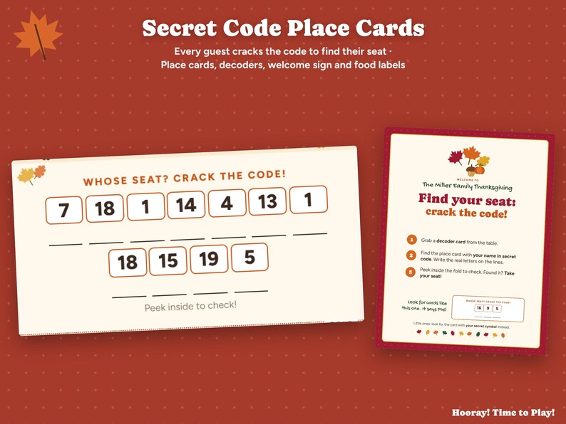 Thanksgiving Place Cards, Personalized Secret Code Name Cards, Printable Kids Table Game, Friendsgiving Decor, Food Labels, Instant Download Bild 1