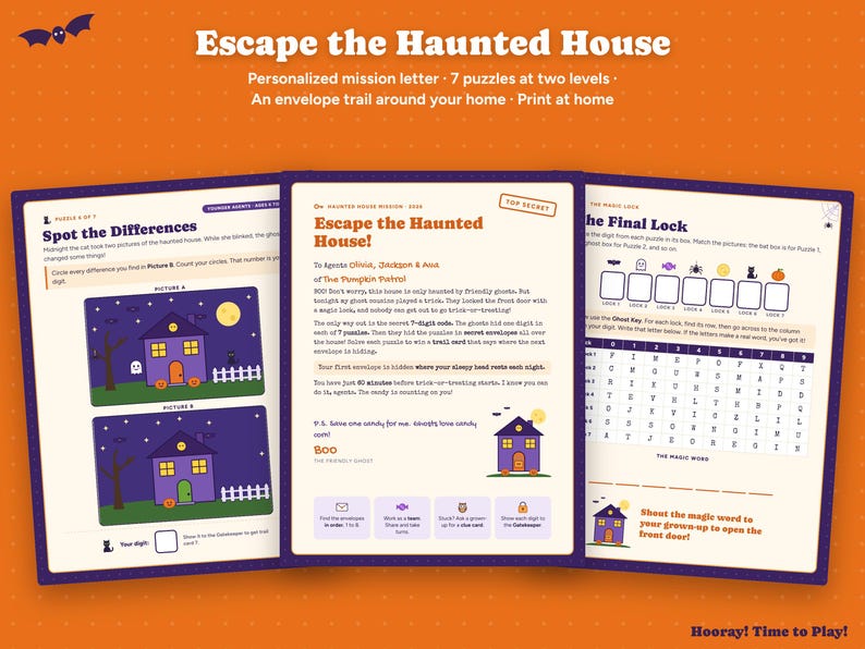 Halloween Escape Room for Kids, Printable Haunted House Puzzle Game, Personalized Family Game, Kids Party Activity, Ages 6-12, Digital File image 1