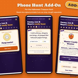 以下が含まれることがあります： 3台のスマートフォンに、紫色の背景、キャンディコーンのグラフィック、Phone Hunt Add-On、Emma, Leo & Maya's candy hunt、Fang-tastic、Master Candy Hunterなどのテキストが表示されたハロウィンの宝探しゲームのデジタルインターフェースが映っています。