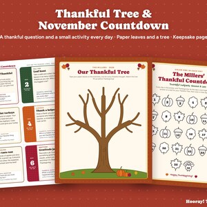 Thankful Tree Thanksgiving Countdown, Personalized Gratitude Cards for Kids, Printable Thankful Leaves, Family November Tradition Activity image 1